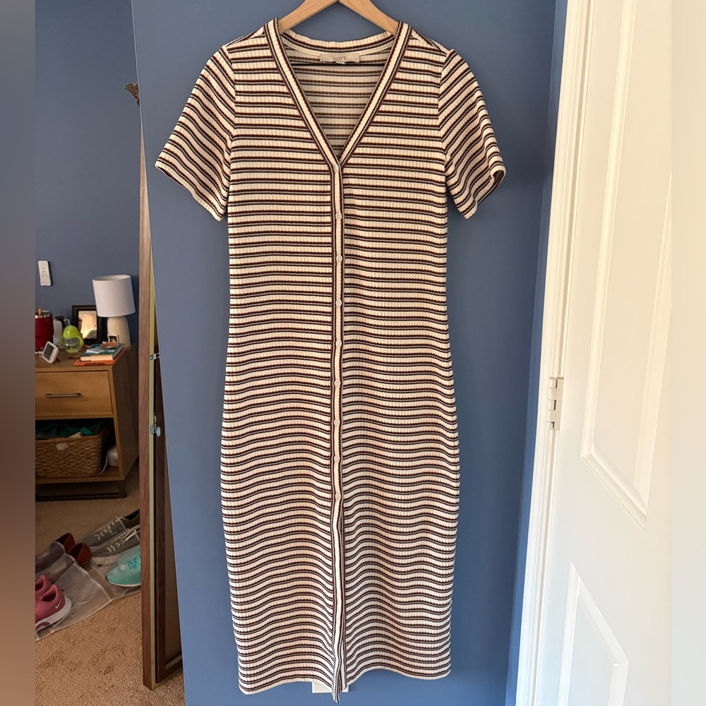 LOFT Striped Ribbed Midi Button Dress